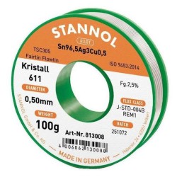 Stannol 611 813008 fil d àtain pour brasure 0,5 mm 100 g. Sn96,5Ag3Cu0,5
