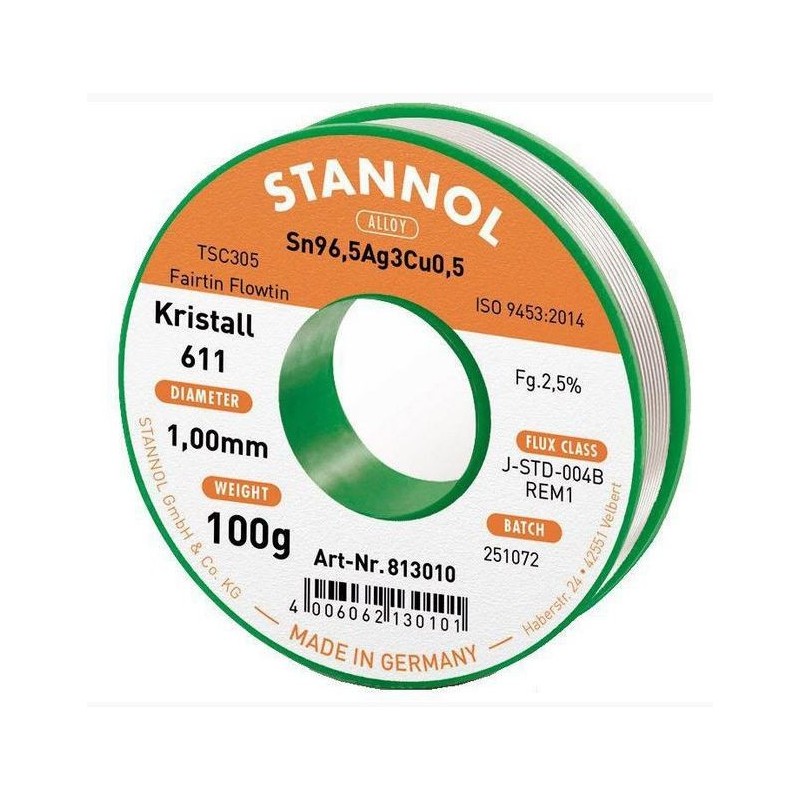 Stannol 611 813010 fil d àtain pour brasure 1,0 mm 100 g. Sn96,5Ag3Cu0,5