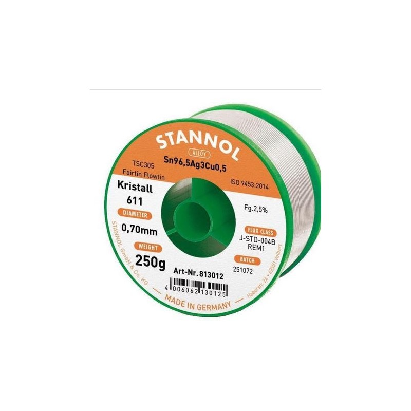 Stannol 813012 fil d àtain pour brasure 0,7 mm 250 g. Sn96,5Ag3Cu0,5