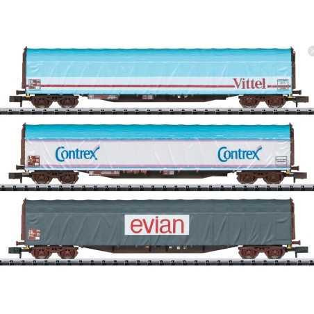 Trix 15375 N SNCF set de 3 wagons bâchés, Vittel, Contrex, Evian Trix 15375 N SNCF set de 3 wagons bâchés, Vittel, Contrex, Evian