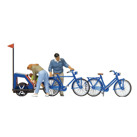 Preiser 10635 HO famille en vélo, 3 figurines, 2 vélos et une remorque